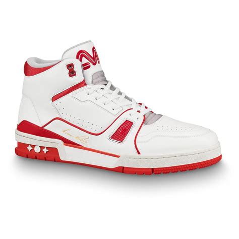 louis vuitton lv trainer sneaker mid white red